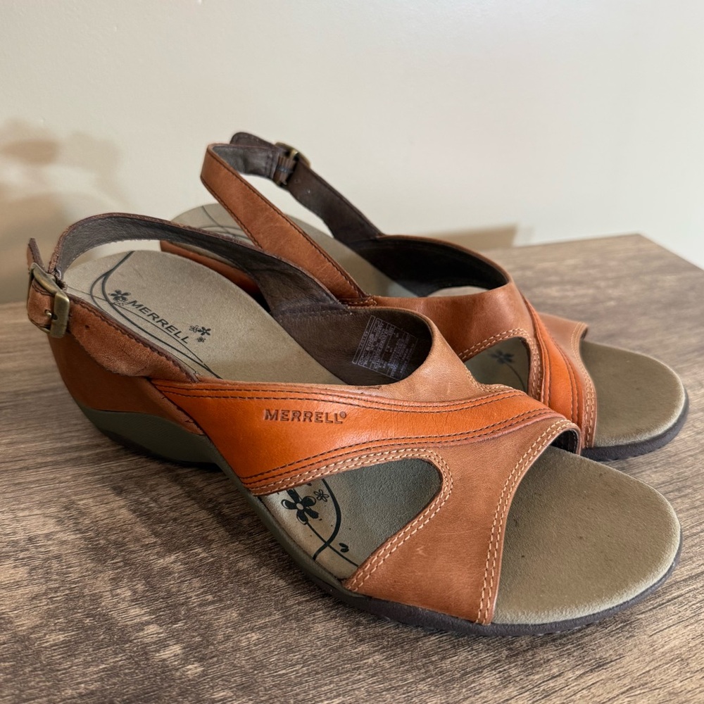 Merrell Primrose Brown Leather Wedge Sandals Shoes Women’s Size 7